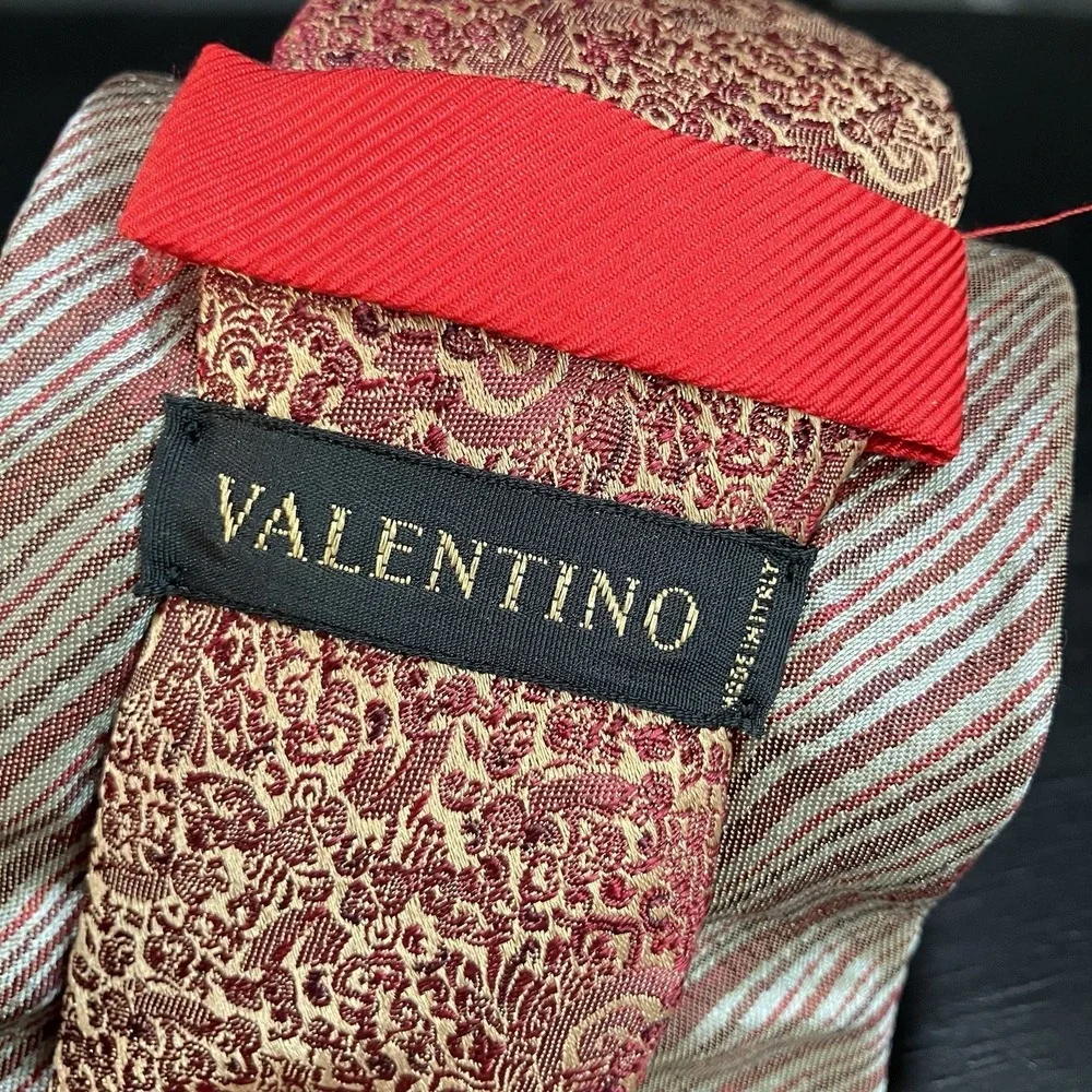 Valentino 100% Silk Diagonal Stripe Neck Tie Red Silver Gray Italy Designer